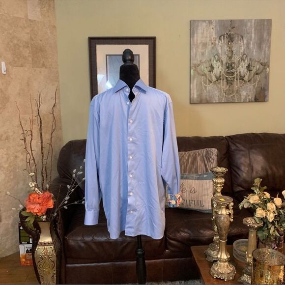 ETON Blue Button Down Tennis Racket Floral Print Flip Cuff Shirt XL - Picture 2 of 11